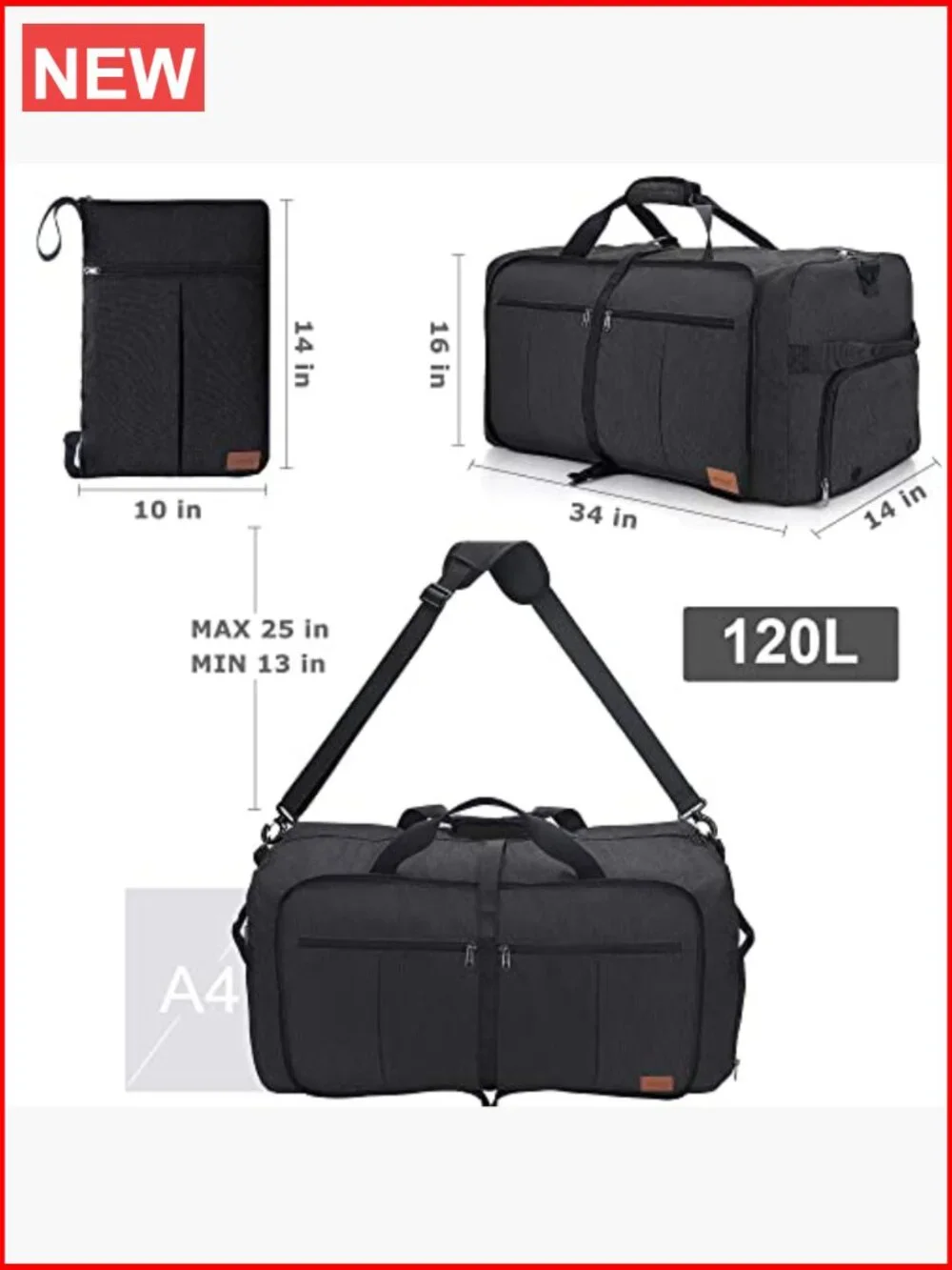 120L Foldable Travel Duffel Bag with Shoe Compartment